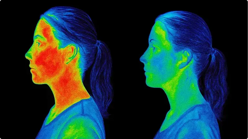 Manufacturer thermal-style comparison image showing warmer readings on the left and cooler readings on the right