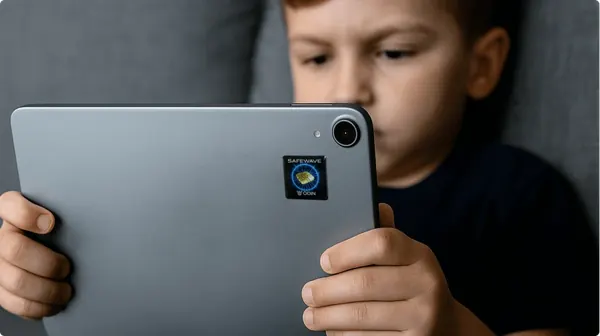 Child using a tablet with the ODIN SafeWave sticker applied to the back