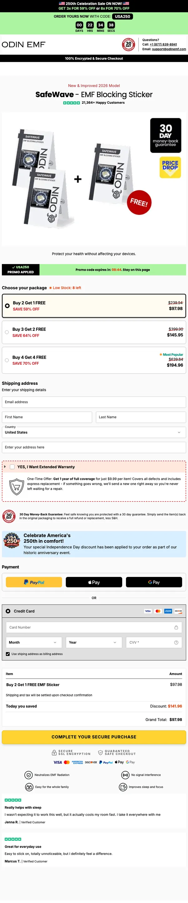 Full official ODIN SafeWave secure checkout page showing package options, shipping form, payment step, and order summary