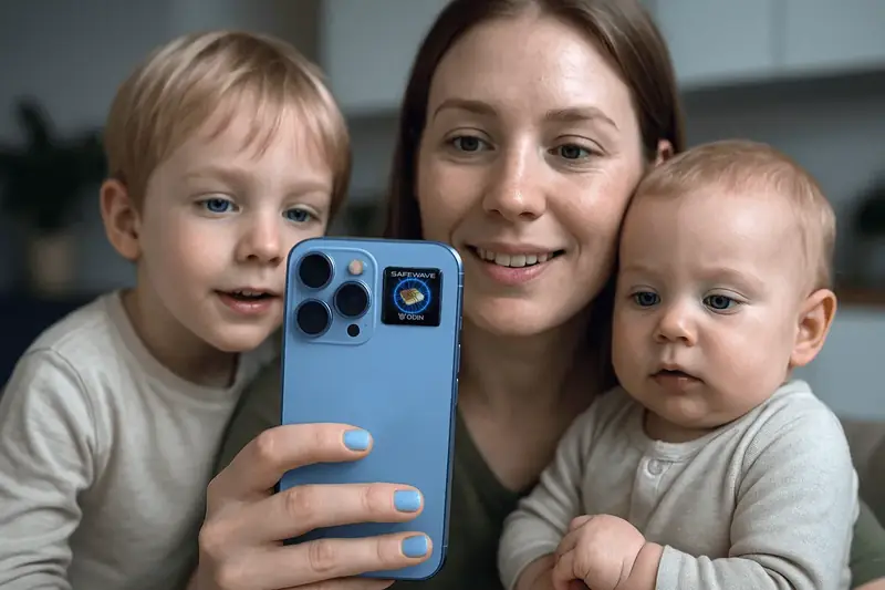 Mother with two children holding a phone that has the ODIN SafeWave sticker applied