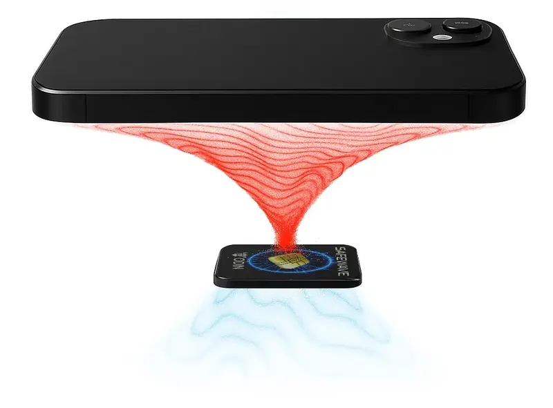 Illustration of the ODIN SafeWave sticker absorbing red EMF waves from a phone and releasing calmer blue waves